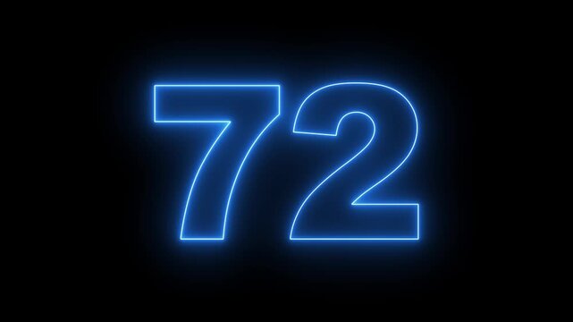 flickering neon number 72 on black background. abstract neon text 72 number countdown timer, glowing neon text number countdown icon background 4k video