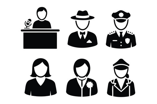Set of professional occupation avatar icons in black silhouette, including a podcaster, detective, police officer, businesswoman, and pilot.