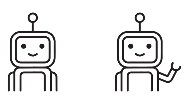 Cute cartoon robot avatar icon set in simple black line design presenting waving hand gestures.
