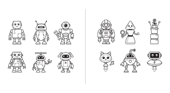 Retro robot character line icon set featuring various mechanical designs with friendly features.