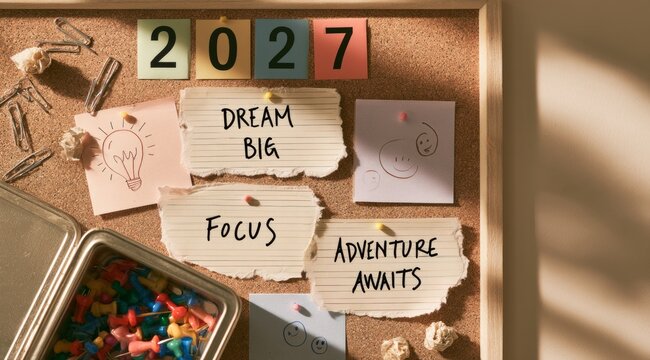 2027 Vision Board on Corkboard With Goals Dreams and Motivation