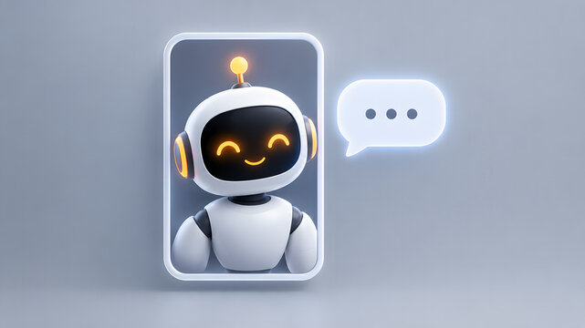 A 3D cute AI robot character appears inside a smartphone frame beside a typing speech bubble. Orange glowing details highlight friendly automated support. Vector customer service concept.