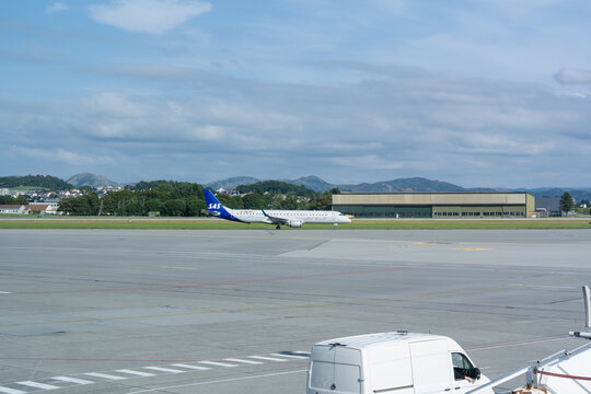 August 19, 2026, Stavanger, Norway - SAS airplane on the tarmac at Stavanger Airport