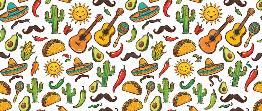 Mexican fiesta seamless pattern with food and music icons on white background