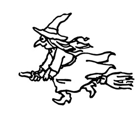 Fototapeta premium PNG Flying witch on broomstick line art illustration.