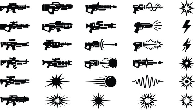 Futuristic Blaster and Energy Effect 35 Solid Icons Set, Sci Fi Guns, Laser Weapons, Energy Bursts, Lightning and Plasma Symbols