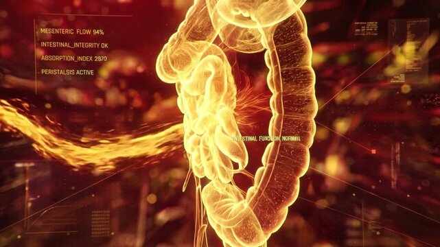 Glowing Digestive System with Bright Amber Intestines &ndash; Futuristic Gastrointestinal Anatomy Visualization