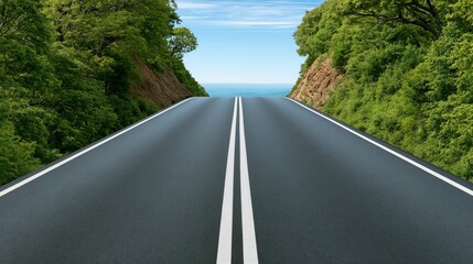 Fototapeta premium A scenic road flanked by greenery leading to a bright sky and open horizon.