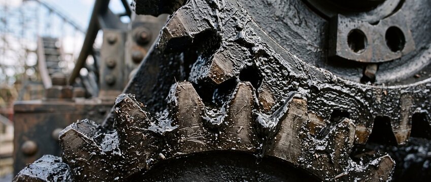 Industrial heavy machinery gears covered in thick dark grease for mechanical power transmission systems in factory equipment hardware