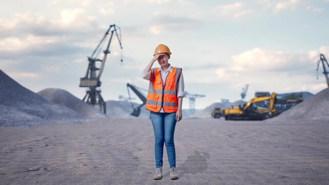 Full Body Of Asian Female Engineer With Safety Helmet Having A Headache While Working at Gravel Stockpile Yard with Cranes and Excavators