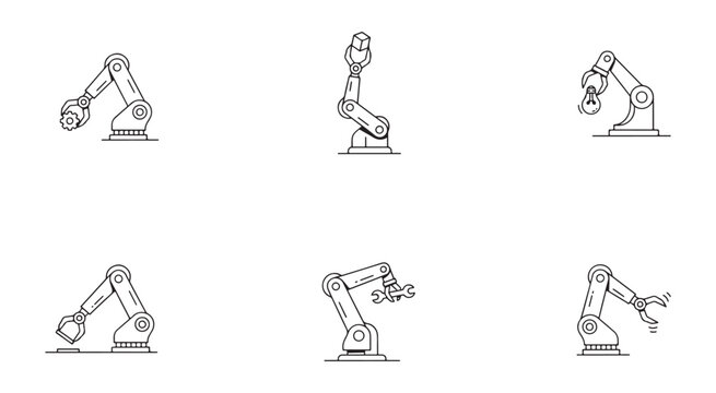 Line art robotic arms performing various tasks, modern engineering and technology concepts.
