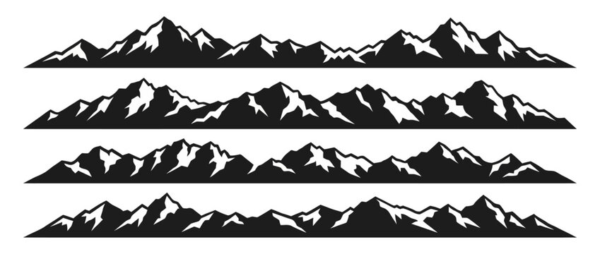 Mountain range silhouettes set, snowy peaks vector graphic on white background
