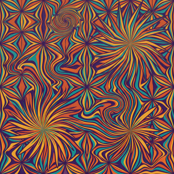 Psychedelic abstract vector background with retro wavy patterns and starburst floral motifs