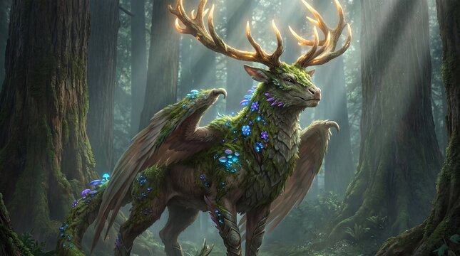 Majestic fantasy creature stag dragon covered in moss and glowing bioluminescent flowers standing in an enchanted forest