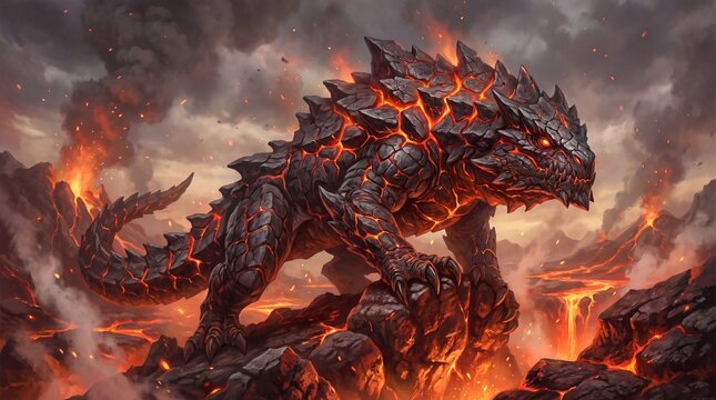 Epic volcanic rock monster with glowing magma cracks standing in a fiery apocalyptic landscape