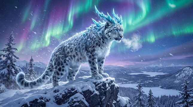 Majestic mythical snow leopard with ice horns standing on a snowy mountain peak under glowing aurora borealis
