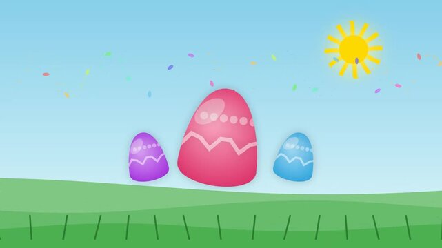 Animated Easter Eggs Bouncing on Green Grass Field Under Sunny Sky.