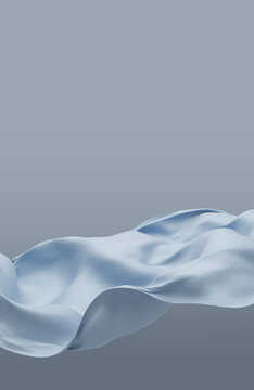 Light blue pleated chiffon fabric flowing isolated on grey background with copy space design for cosmetic product display 3D render