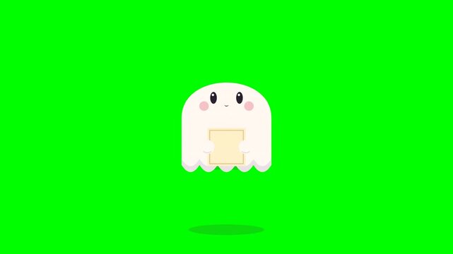 Cute Halloween party utility motion graphic featuring a friendly ghost carrying a rolled invitation scroll, then using both hands to unroll it and reveal a Halloween party message with a playful celeb