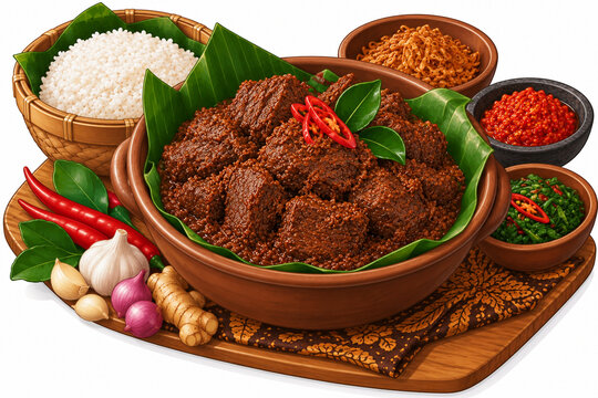Colorful 2D illustration of traditional Indonesian beef rendang featuring tender spiced beef, steamed rice, sambal, red chilies, banana leaves, aromatic herbs, and traditional spices served 
