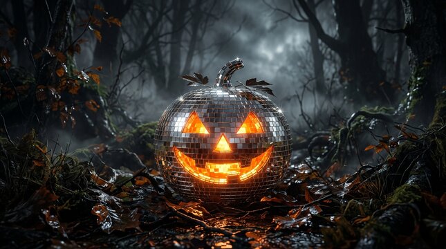 Carved Halloween pumpkin made of mirrored disco ball tiles. Surreal playful autumn background.