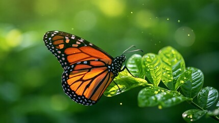 Obraz premium A vibrant orange butterfly perched on lush green leaves in a sunlit garden.