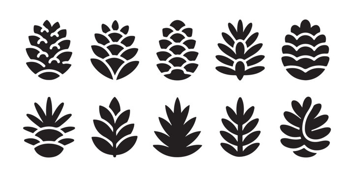 black silhuette pine cones vector set for natural themed logos and outdoor graphic elements.