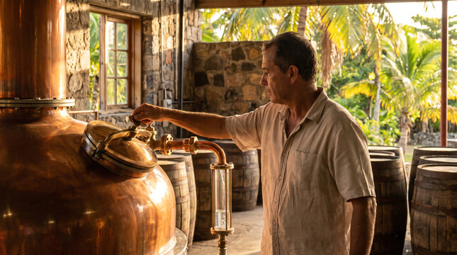 Distiller Adjusting Copper Still Equipment in Tropical Setting with Palm Trees
