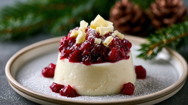 Festive dessert topped with red berries and white chocolate on plate, adorned with pine cones