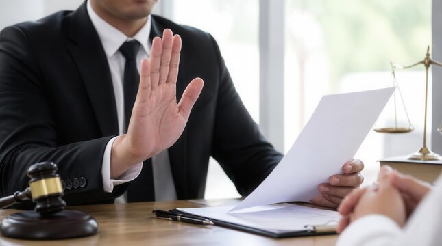 Legal professional clearly communicates a refusal, holding up a hand in a decisive gesture while reviewing documents with a client, symbolizing negotiation impasse or legal counsel denial