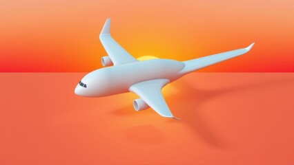 Naklejka premium Airplane flies toward sunset. Orange hues dominate sky, ground. Minimalist design, clean lines present peaceful scene.
