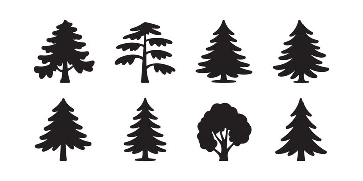 Black pine tree silhouette vectors for rustic forest illustrations and winter holiday design elements.