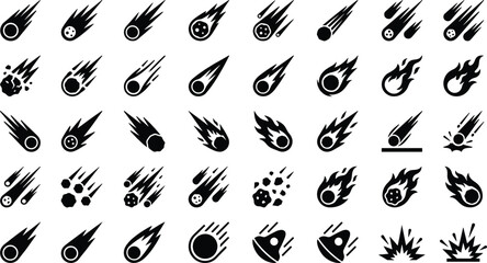 Meteor and Comet 40 Solid Icons Set, Shooting Meteors, Fireballs, Asteroids, Cosmic Impacts, Space Rocks and Astronomy Symbols © Subas