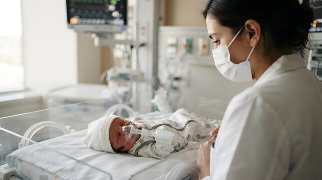 Female doctor wearing a face mask observing a newborn baby in a hospital neonatal intensive care unit