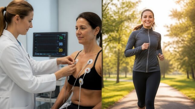 A medical professional carefully attaches electrodes to a woman's chest for an electrocardiogram test, juxtaposed with a joyful woman jogging outdoors on a sunny path, illustrating health