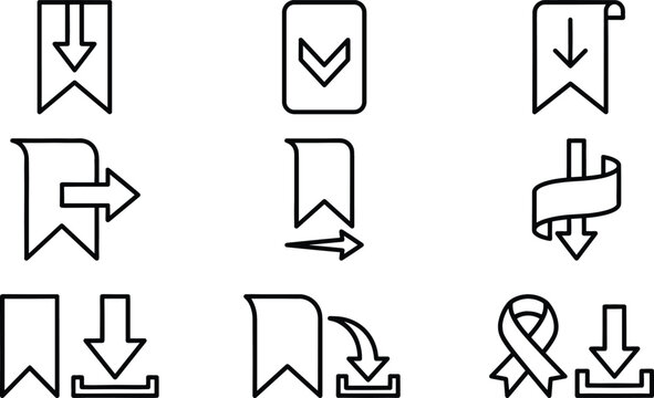 Bookmark ribbon and navigation arrow vector icon set featuring download export save tag and awareness ribbon outline symbols