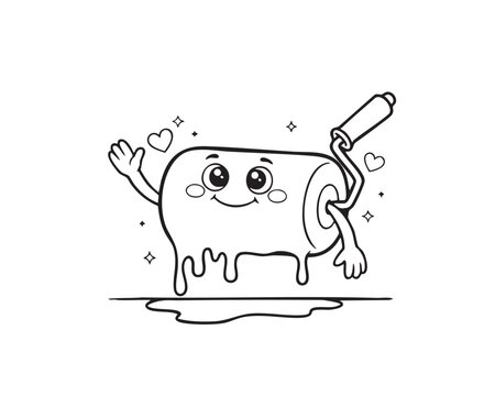 Happy cartoon paint roller character with cute face and dripping liquid in bold line vector style