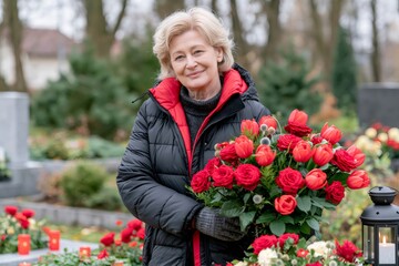 Fototapeta premium Senior woman holding red flowers at cemetery smiling