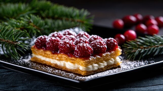Flaky pastry with whipped cream and raspberries, dusted with sugar, garnished with pine branches