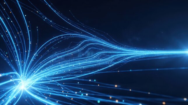 Abstract digital data stream with glowing blue light particles