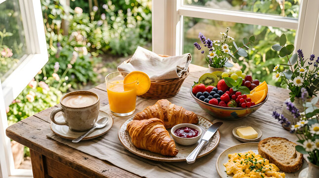 Golden buttery croissants served with fresh organic fruit salad and hot cappuccino on a rustic wooden breakfast table near an open window capturing soft natural morning sunlight creating a peaceful ae