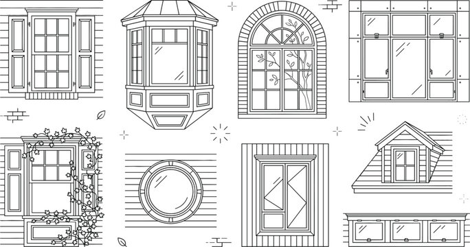 Architectural window vector illustration set featuring bay window dormer round porthole arched frame and vintage residential house windows