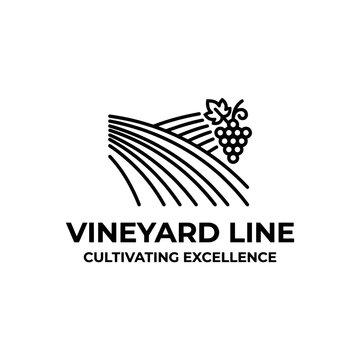 Minimalist vineyard logo featuring rolling hills and a bunch of grapes.