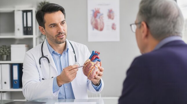 A knowledgeable physician attentively explains cardiovascular health using a realistic anatomical heart model to an elderly male patient during a consultation in a medical office, fostering