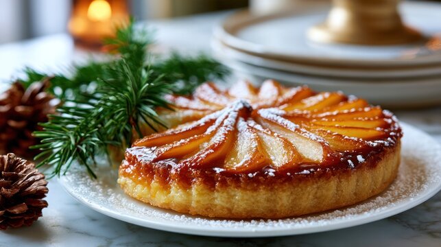 Pear tart on white plate with caramel glaze, garnished with pine branch, on marble table by warm candle glow