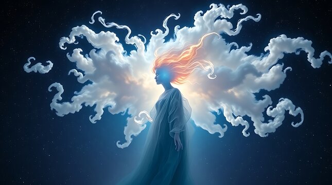 Ethereal spirit figure with radiant cloud-like hair in space