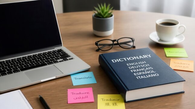 A laptop and a multilingual dictionary are positioned on a wooden table alongside sticky notes, glasses, and a cup of coffee, representing learning and research for global communication