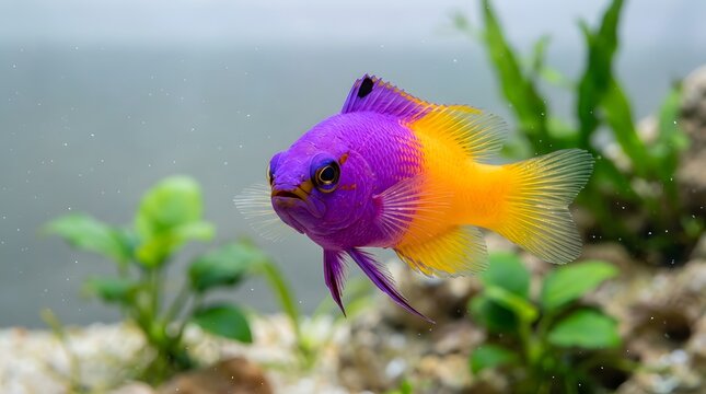 Royal gramma fish swimming in a freshwater aquarium with green plants