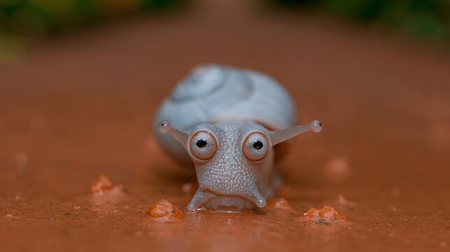 Close-up of a curious gray snail crawling on wet soil with vibrant background.