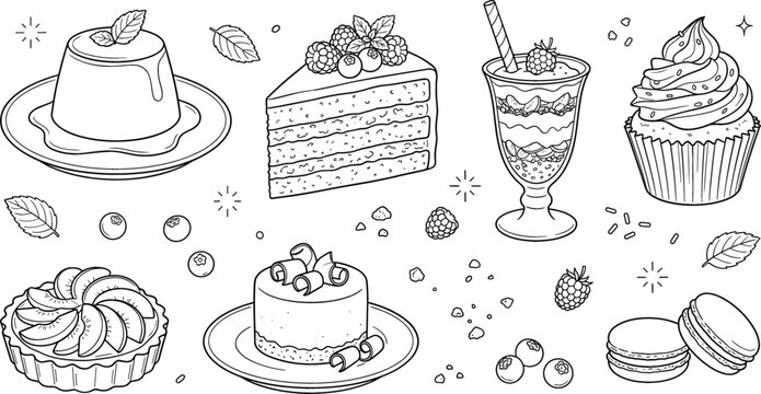 Delicious sweet dessert vector doodle set featuring creamy pudding layer cake cupcake fruit tart parfait and macaron illustrations